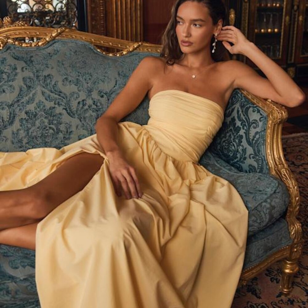 Lulus Marilou Light Yellow Strapless Ruched Lace-up Maxi Dress - Size S
